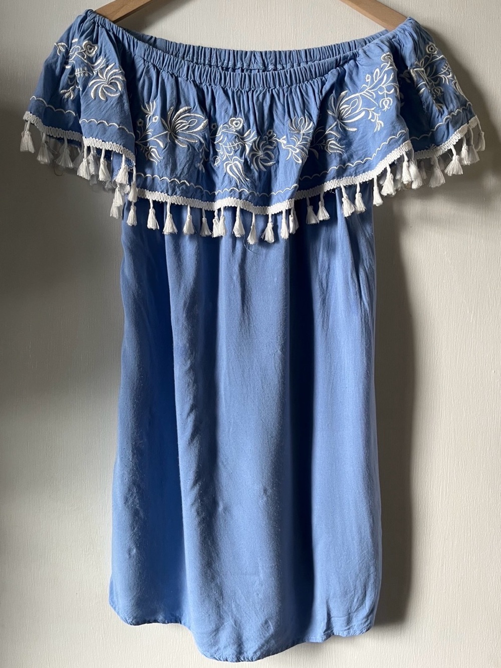 Off-Shoulder Mexican Embroidered Tassel Summer Dress - Blue | Size: Small/Medium